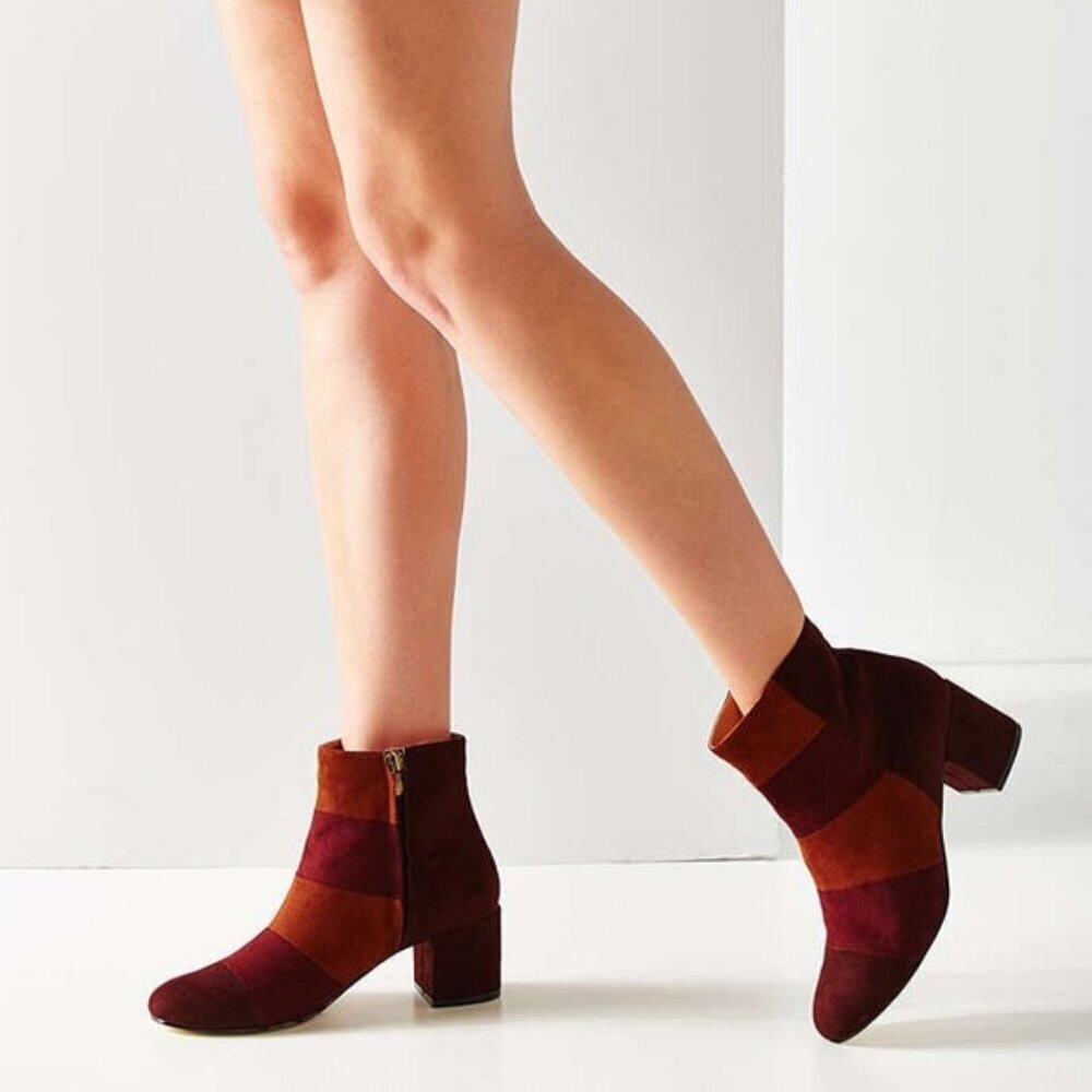 Urban Outfitters Ankle Boots Janet Colorblock Patchwork Side Zip Faux Suede Sz 7